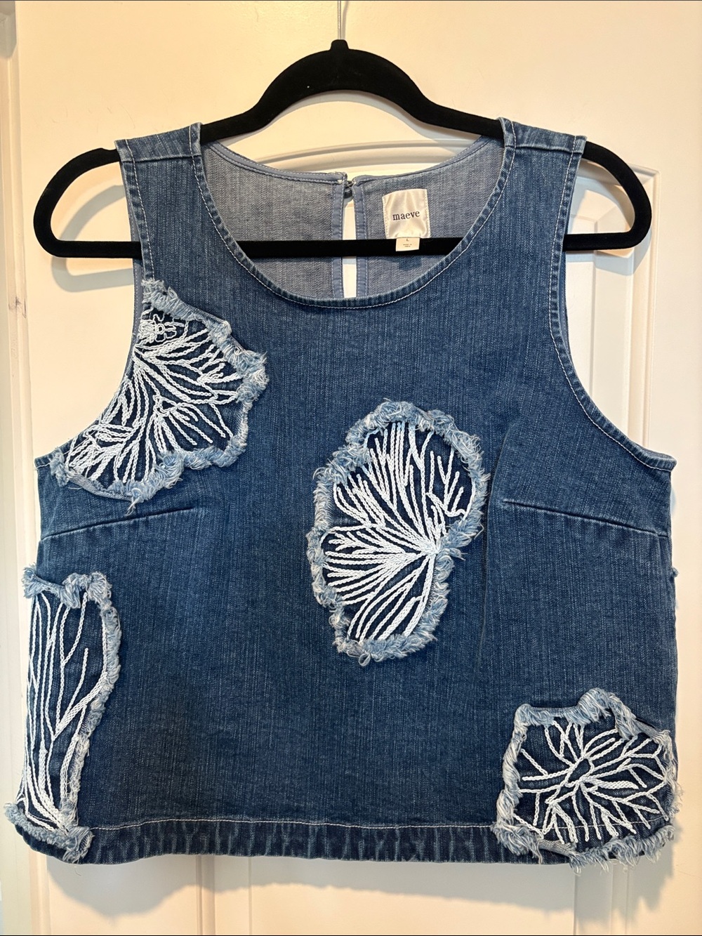 Maeve Indigo Denim Tank with White Embroidered Appliqués
